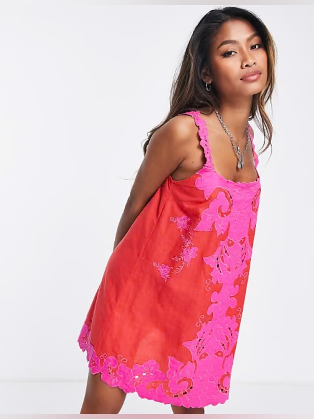 Topshop contrast embroidery mini strappy shift dress in pink and red US6 $93